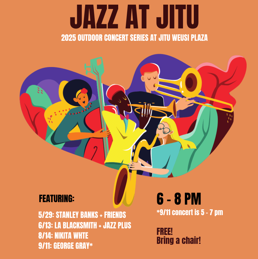Animated jazz graphic with text about dates and location